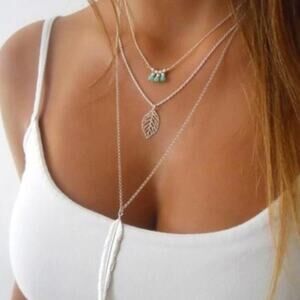 Boho Triple Layer Feather & Leaf Necklace
